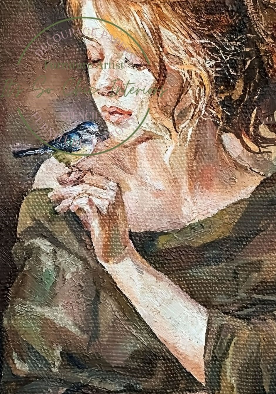 A2 Girl with Bird Oil Painting Decoupage Paper, Paper Craft, Decoupage