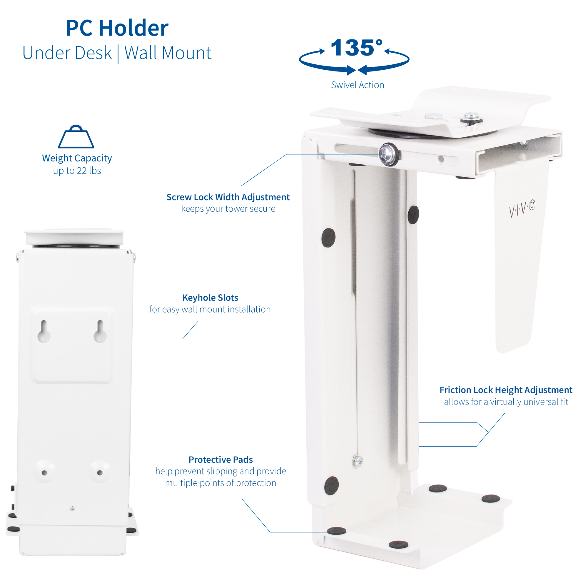 VIVO White UnderDesk and Wall PC Mount Computer Case Holder w/ 135