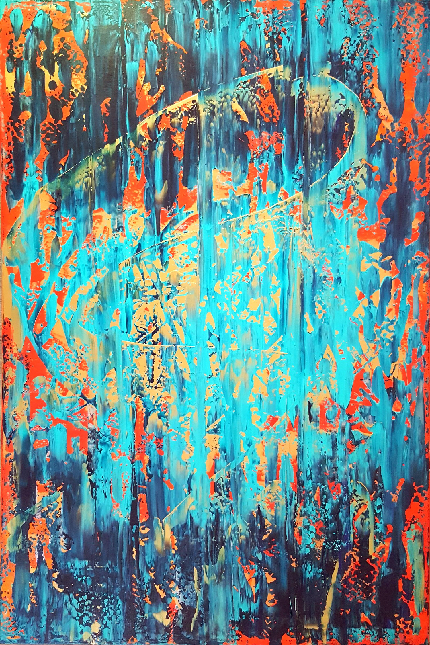 The Sun in the waterfall XL golden and blue abstract painting Ivana Olbricht