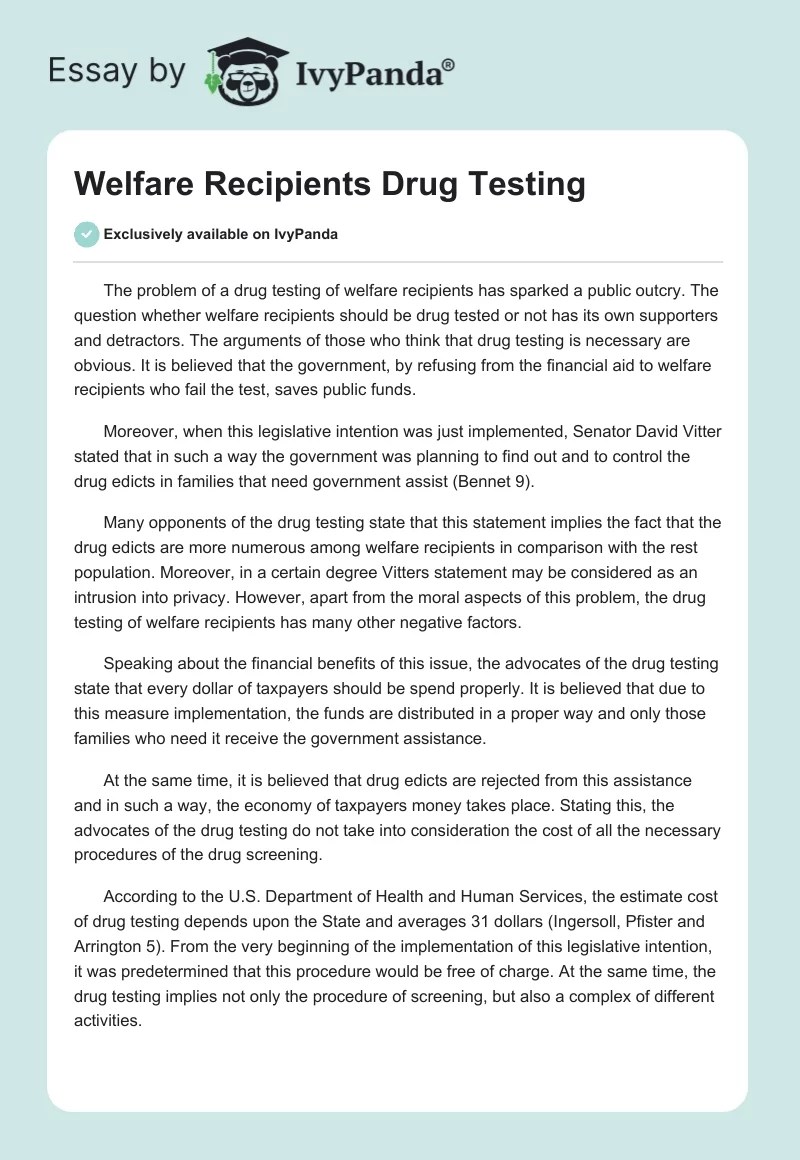 Welfare Recipients Drug Testing 1687 Words Research Paper Example
