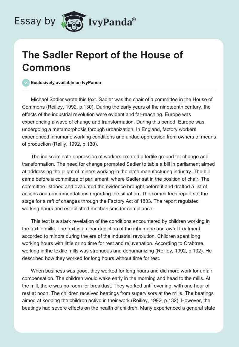 The Sadler Report of the House of Commons 577 Words Essay Example