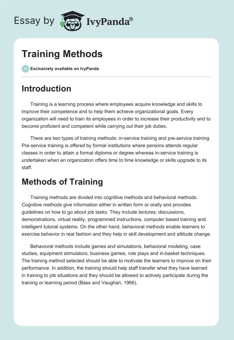 Training Methods 830 Words Essay Example