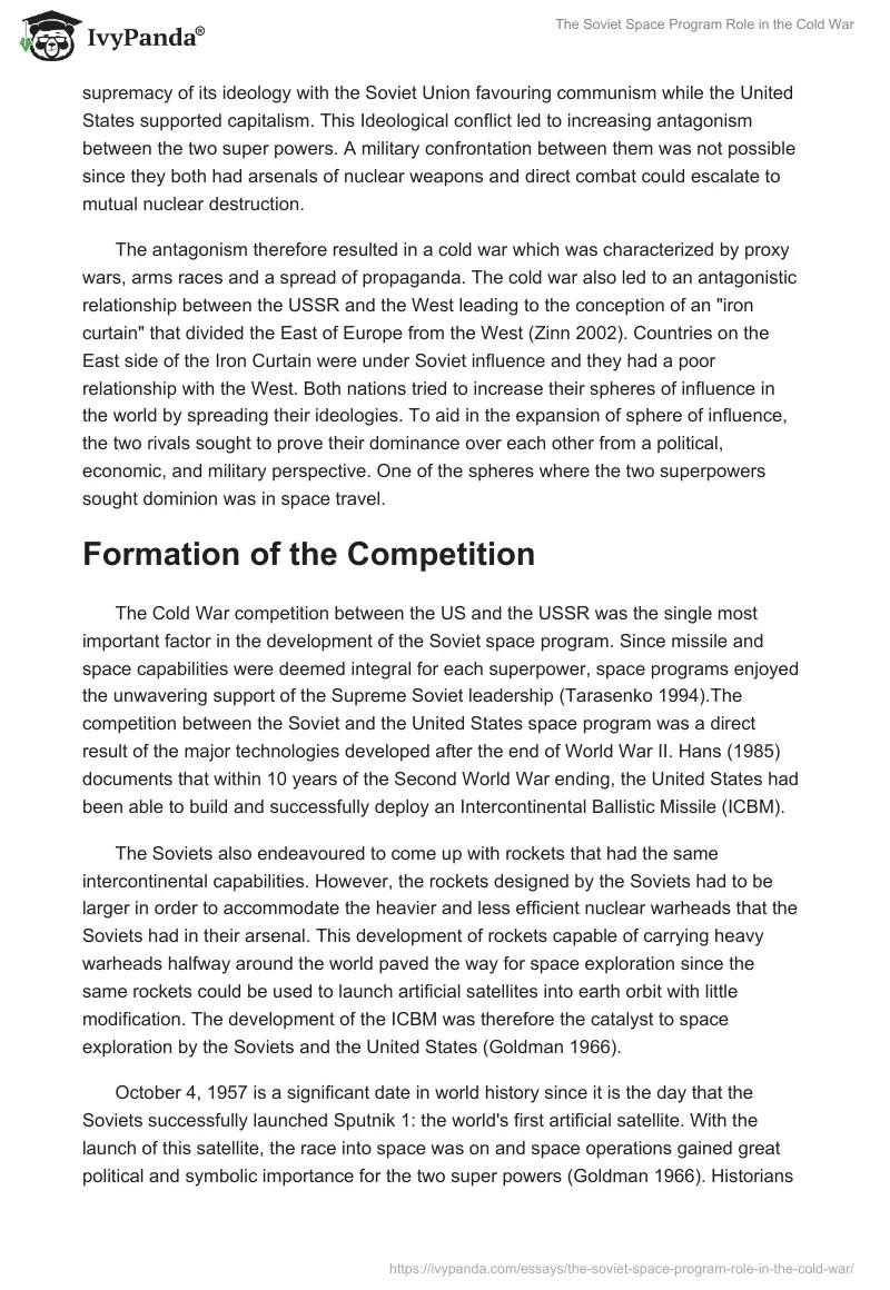 The Soviet Space Program Role in the Cold War 4589 Words Essay Example