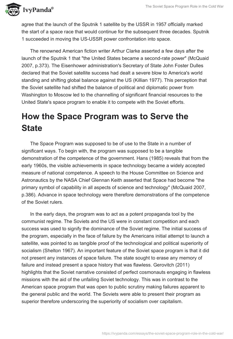 The Soviet Space Program Role in the Cold War 4589 Words Essay Example