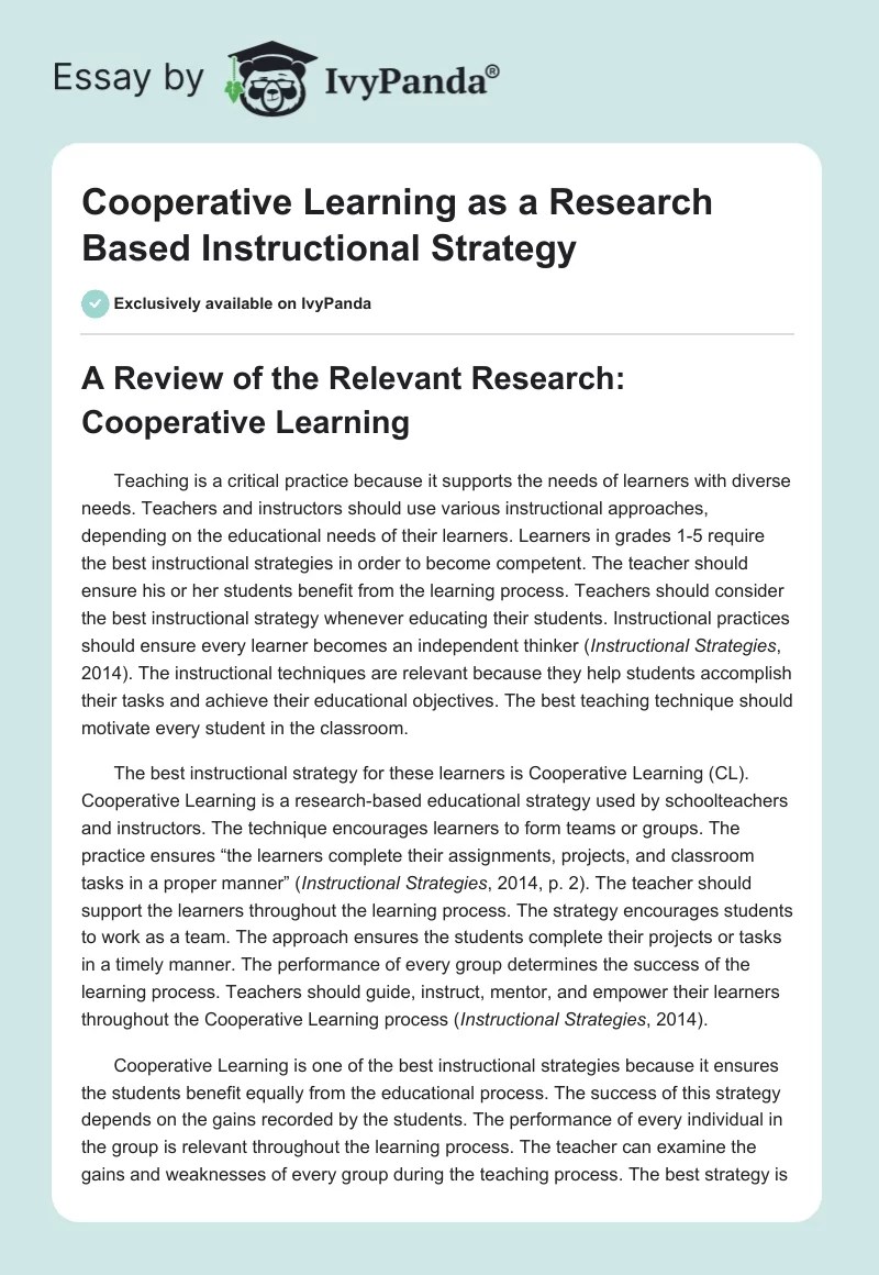 Cooperative Learning as a Research Based Instructional Strategy 1431
