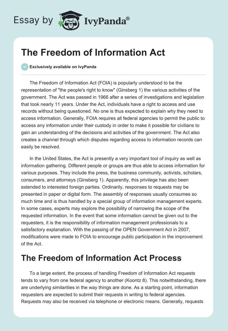 The Freedom of Information Act 1386 Words Research Paper Example