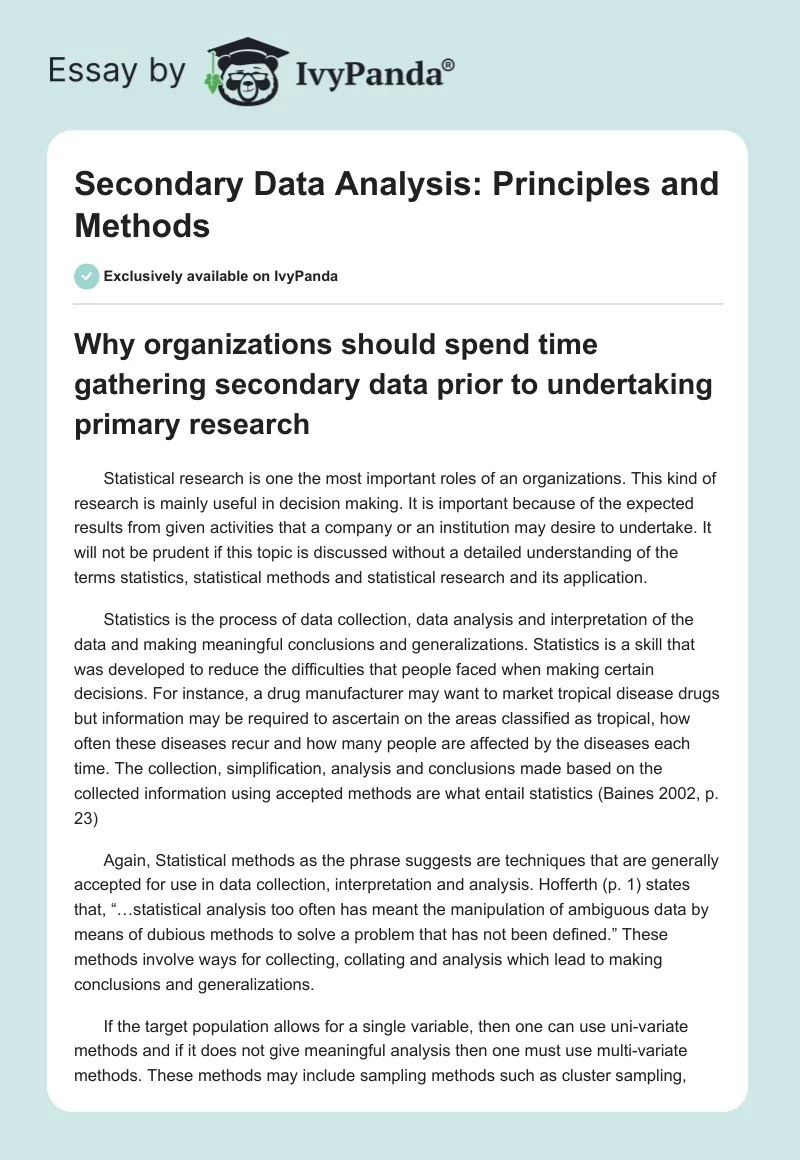 Secondary Data Analysis Principles and Methods 2797 Words Research