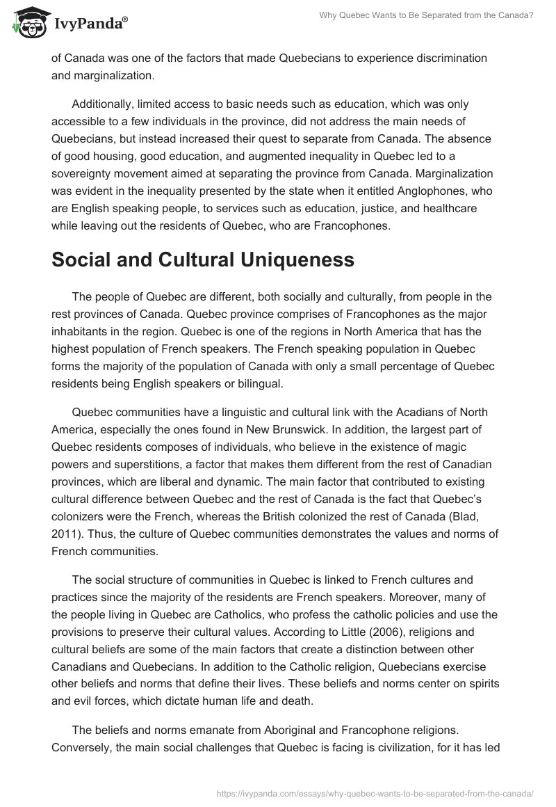 Why Quebec Wants to Be Separated from the Canada? 1651 Words Essay