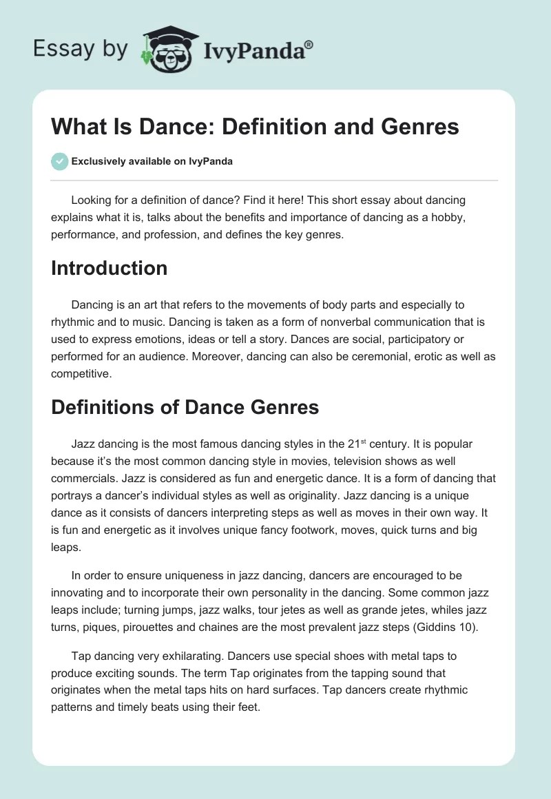 What Is Dance Essay Definition of Dance and Its Genres 542 Words