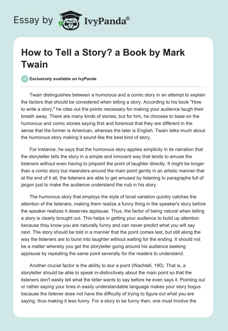 "How to Tell a Story?" a Book by Mark Twain 843 Words Essay Example