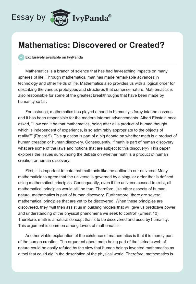 Mathematics Discovered or Created? 595 Words Critical Writing Example