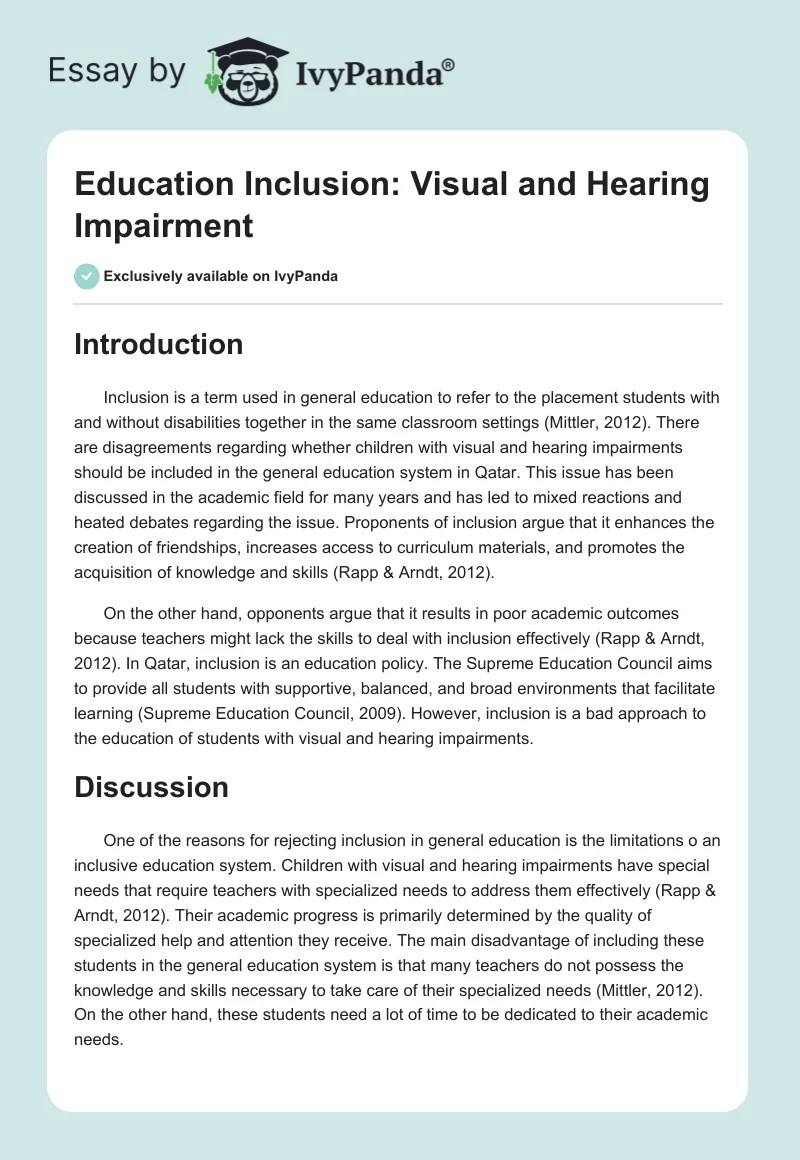 Education Inclusion Visual and Hearing Impairment 1695 Words Essay