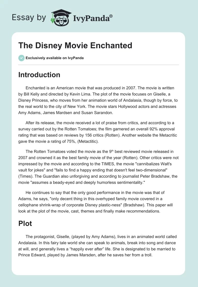 The Disney Movie "Enchanted" 2712 Words Research Paper Example