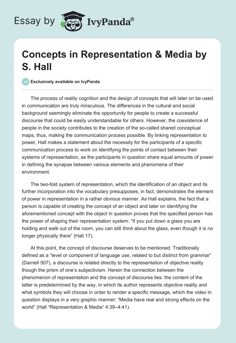 Concepts in "Representation & Media" by S. Hall 587 Words Essay Example