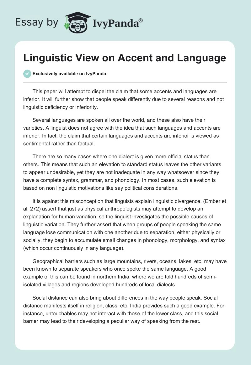 Linguistic View on Accent and Language 596 Words Essay Example