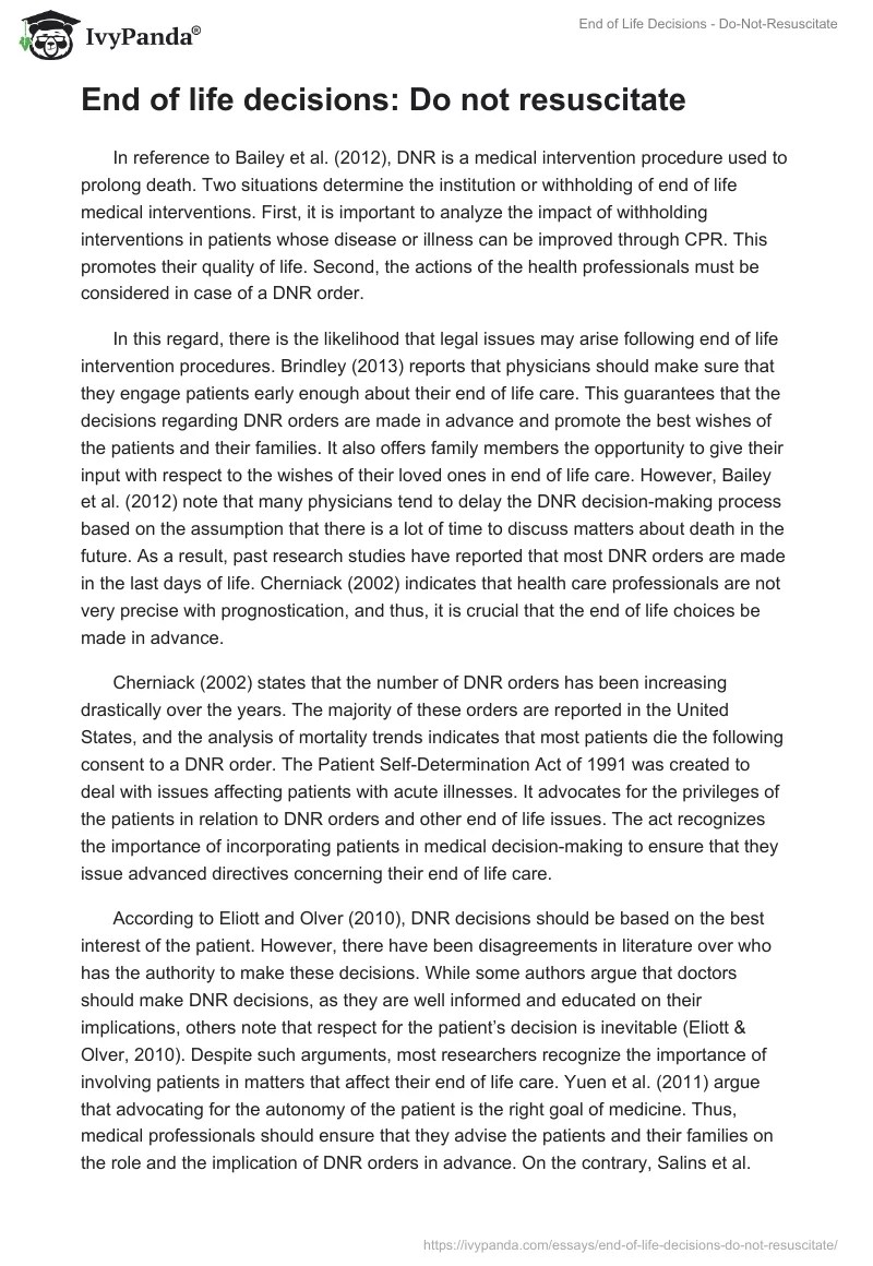 End of Life Decisions DoNotResuscitate 1430 Words Research