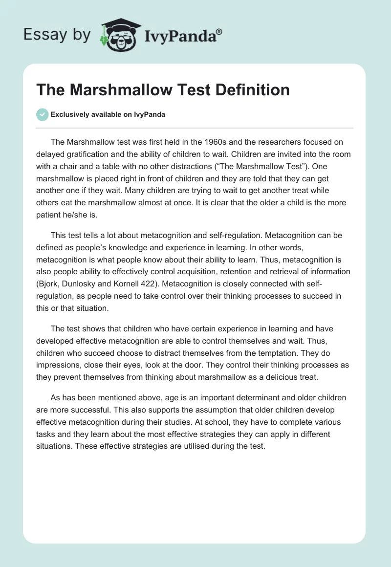 The Marshmallow Test Definition 566 Words Essay Example