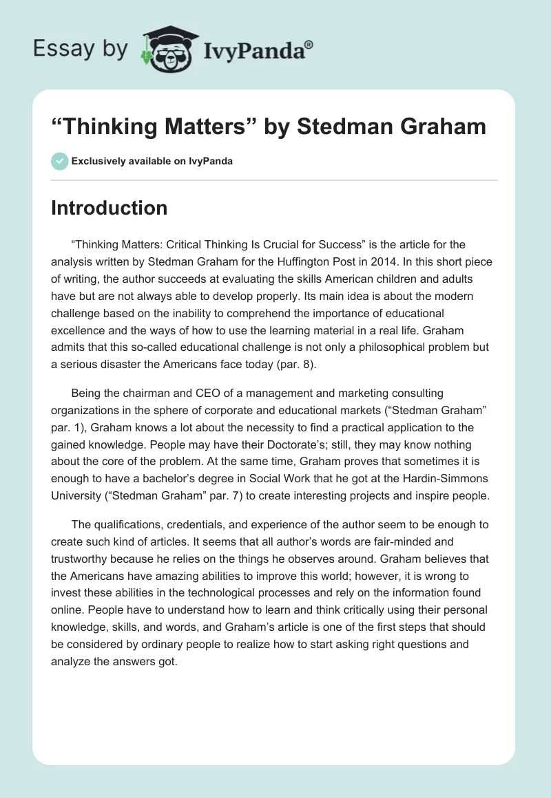 "Thinking Matters" by Stedman Graham 1136 Words Essay Example