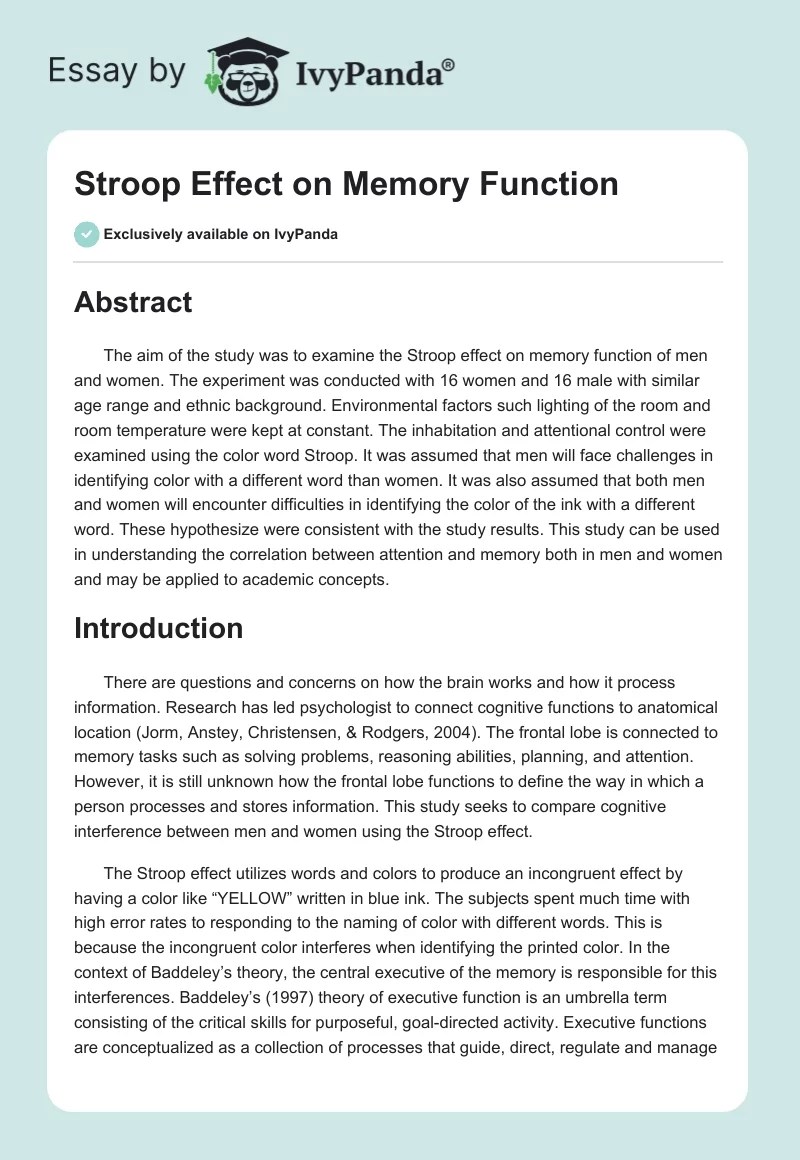 Stroop Effect on Memory Function 1567 Words Research Paper Example