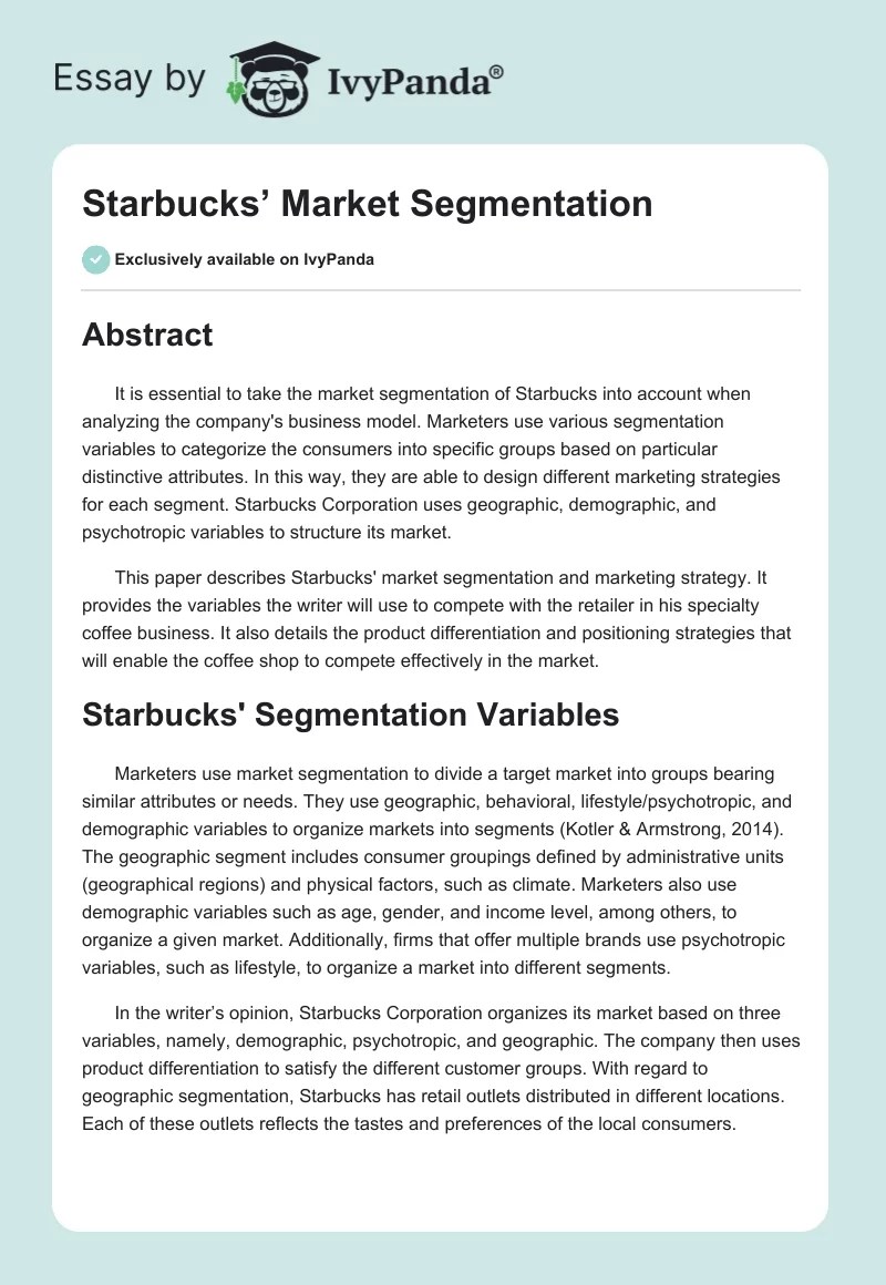 Starbucks' Market Segmentation Essay on Marketing Strategies