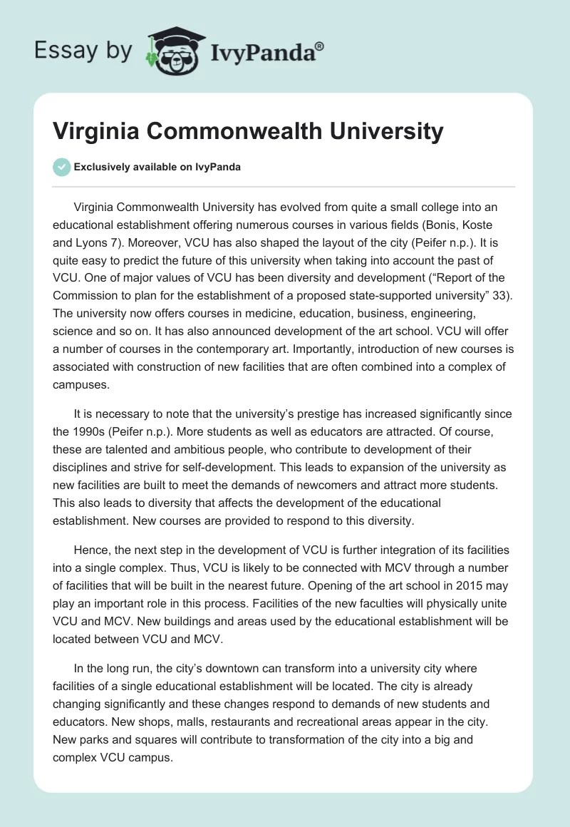 Virginia Commonwealth University 553 Words Essay Example