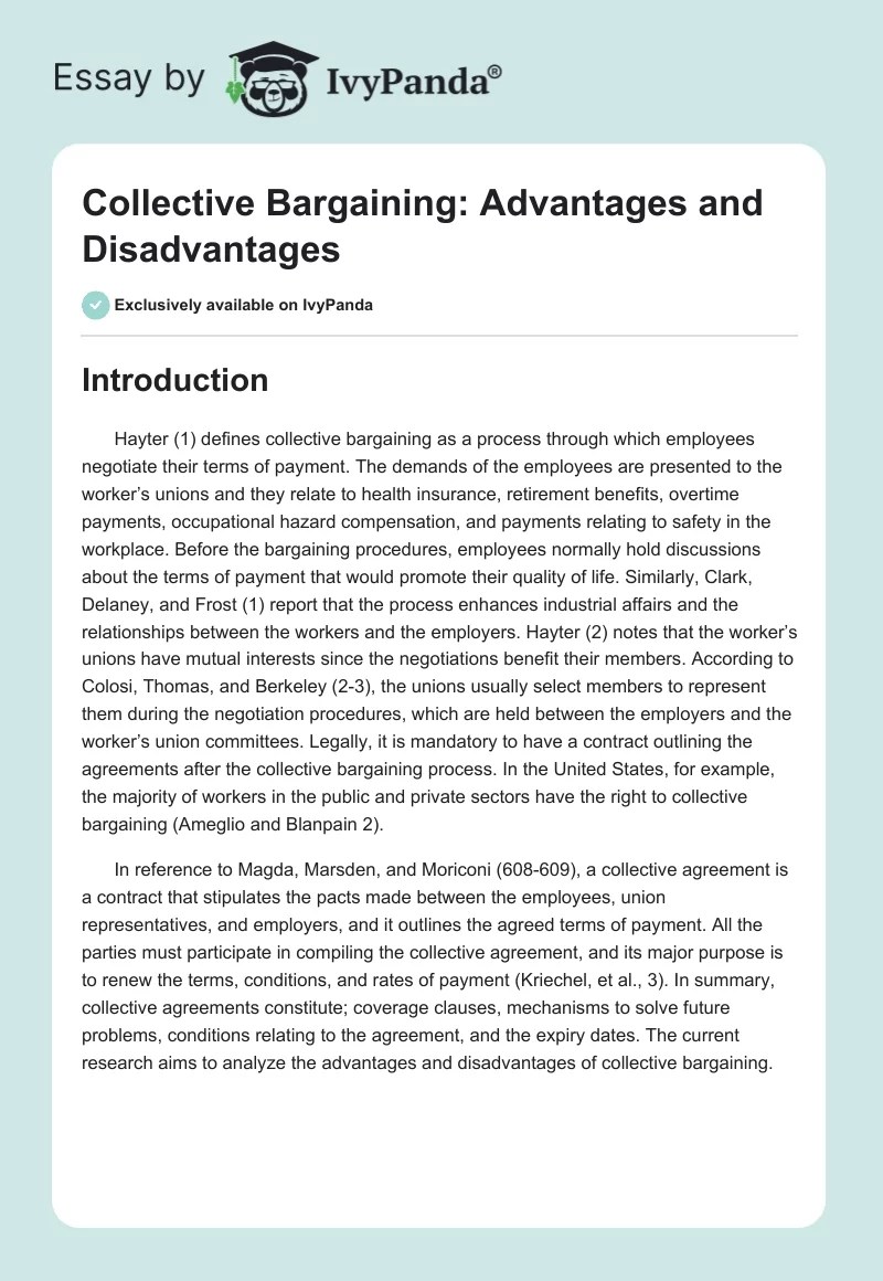 Collective Bargaining Advantages and Disadvantages 1103 Words