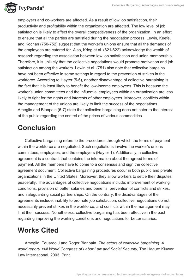 Collective Bargaining Advantages and Disadvantages 1103 Words