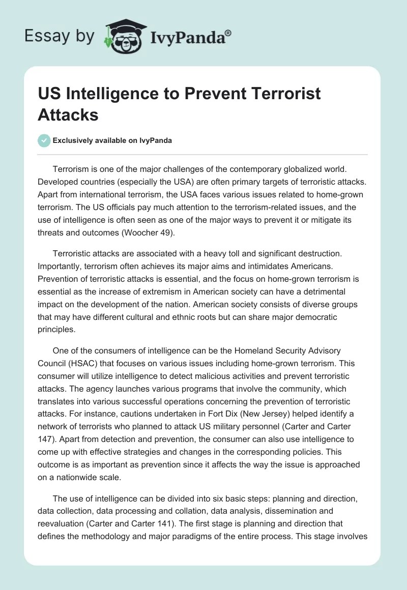 US Intelligence to Prevent Terrorist Attacks 559 Words Coursework