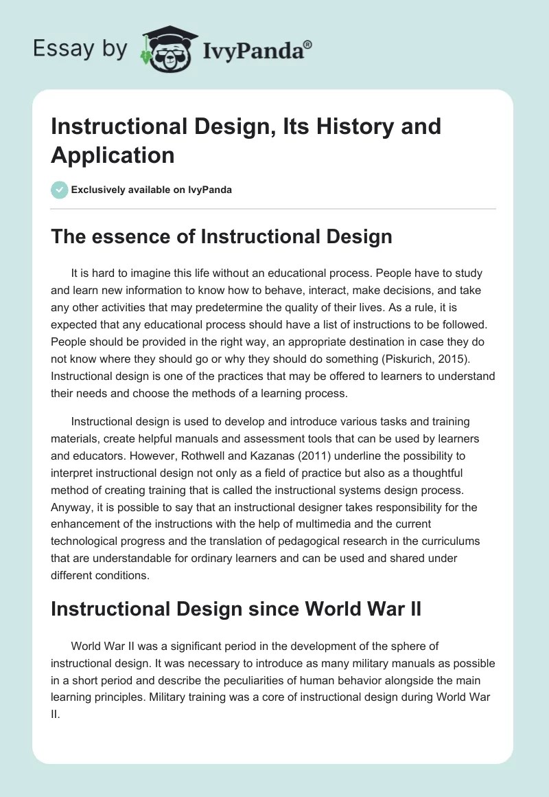 Instructional Design, Its History and Application 831 Words