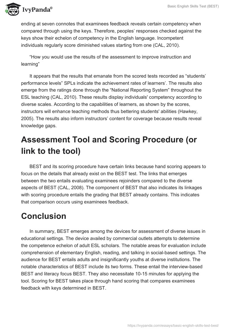 Basic English Skills Test (BEST) 1024 Words Term Paper Example