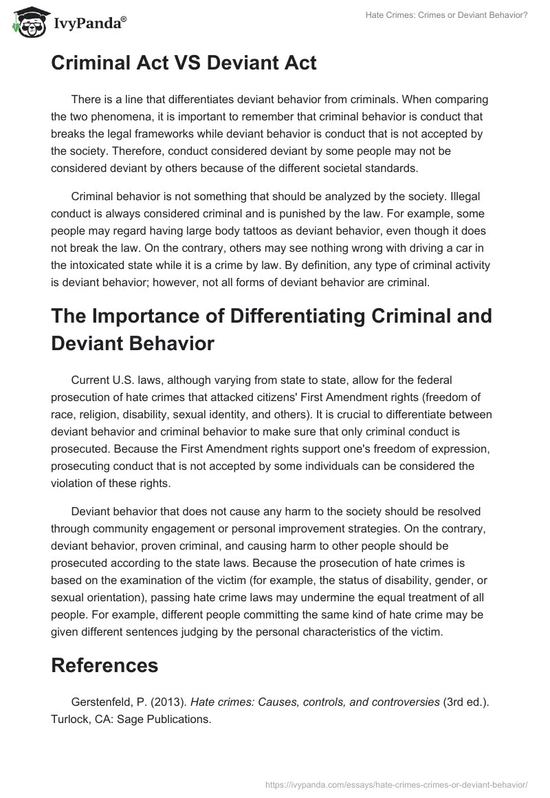 Hate Crimes Crimes or Deviant Behavior? 577 Words Research Paper Example