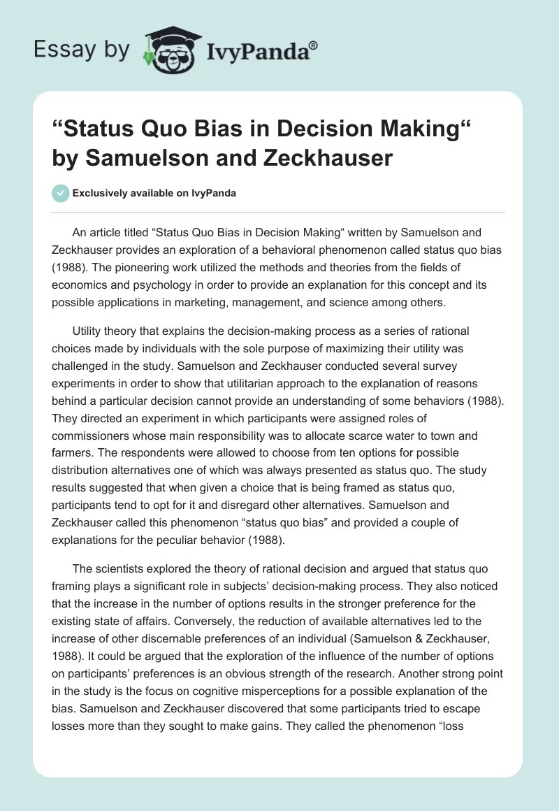 "Status Quo Bias in Decision Making" by Samuelson 558 Words