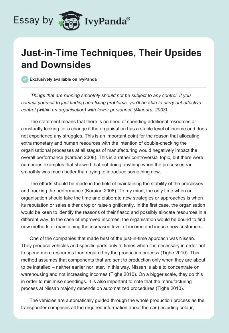 JustinTime Techniques, Their Upsides & Downsides 609 Words