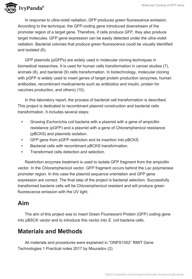 Molecular Cloning of GFP Gene 1748 Words Report Example