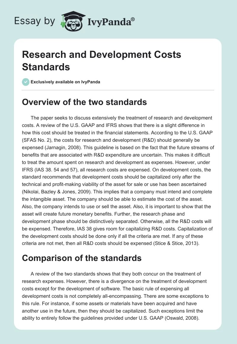 Research and Development Costs Standards 600 Words Essay Example
