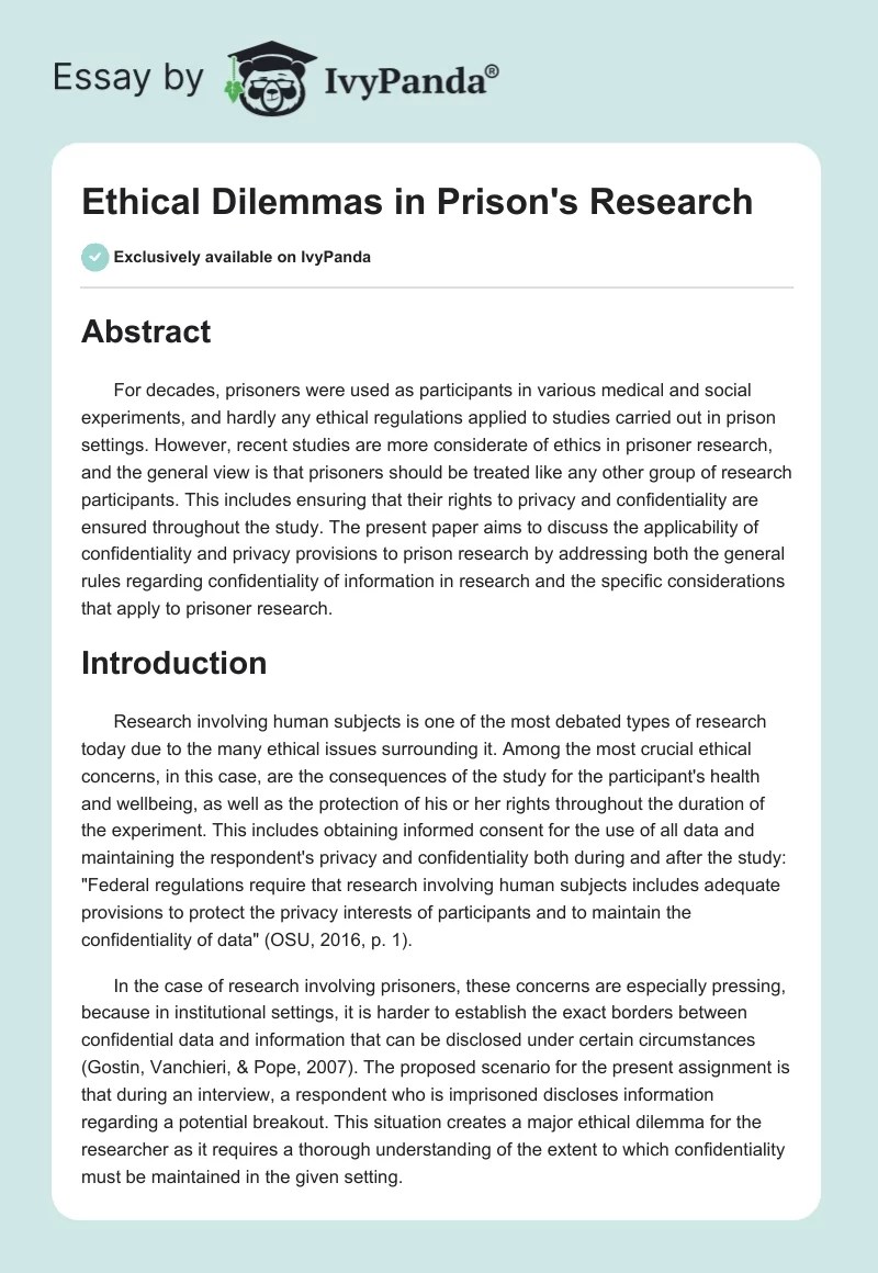 Ethical Dilemmas in Prison's Research 1111 Words Research Paper Example