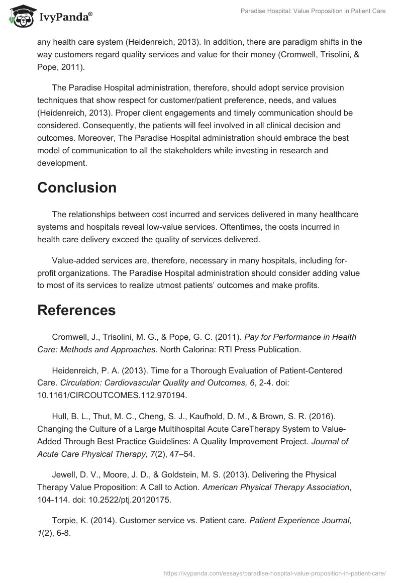 Paradise Hospital Value Proposition in Patient Care 1142 Words Research Paper Example