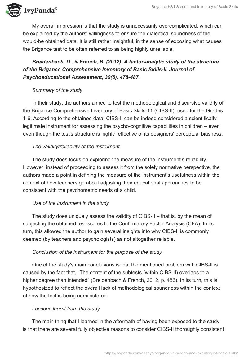 Brigance K&1 Screen and Inventory of Basic Skills 2667 Words Essay