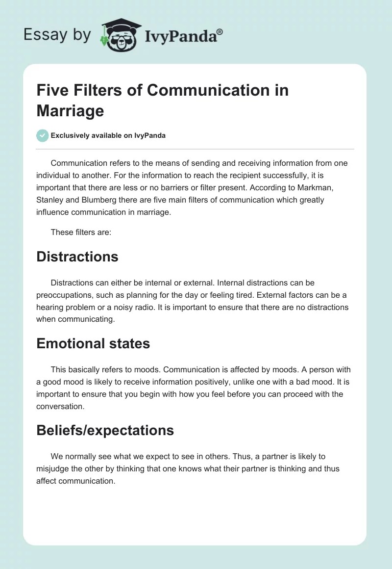 Five Filters of Communication in Marriage 541 Words Essay Example