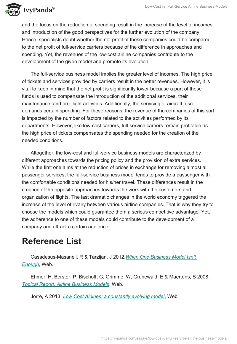 LowCost vs. FullService Airline Business Models 1665 Words Report