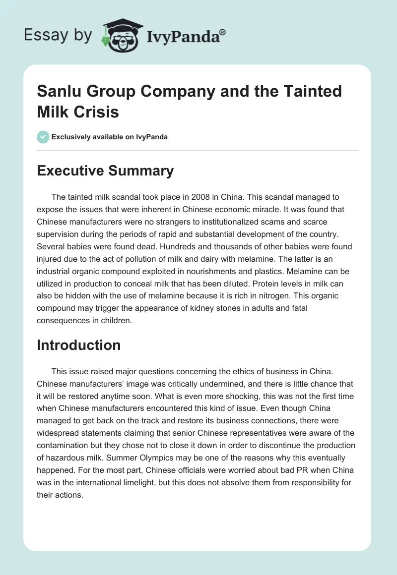 Sanlu Group Company and the Tainted Milk Crisis 834 Words Essay Example