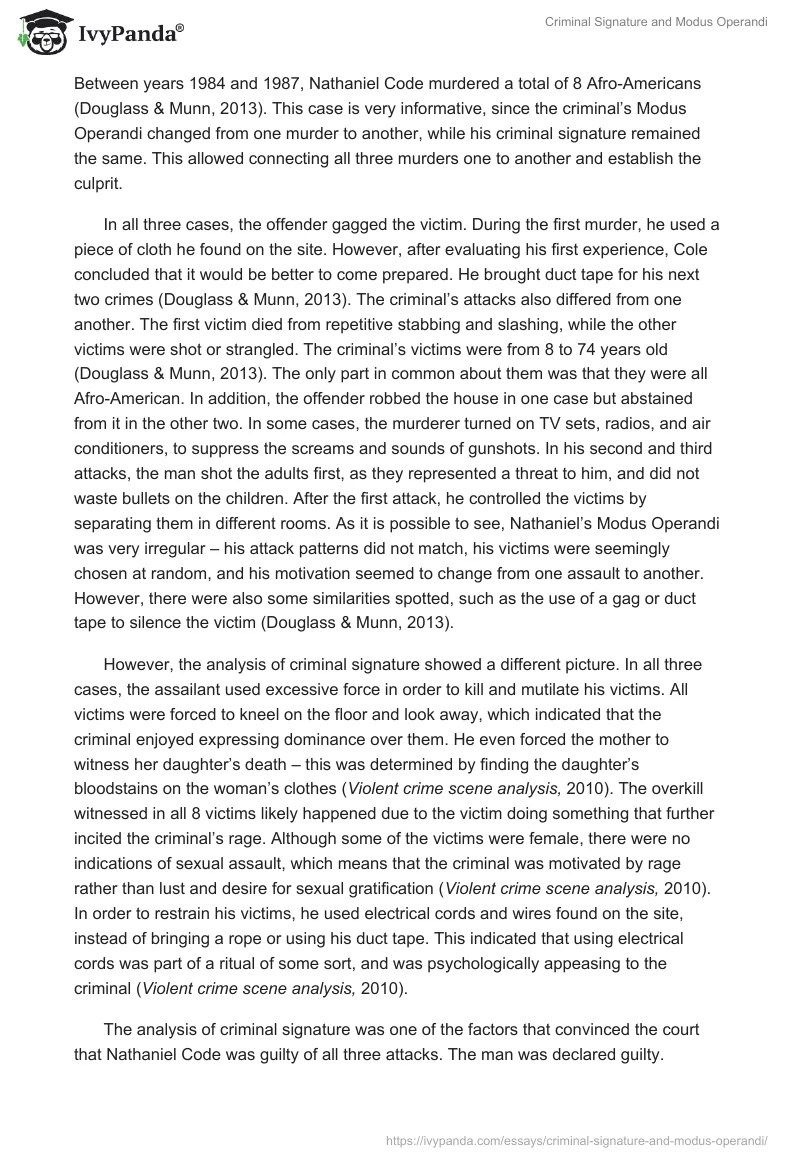 Criminal Signature and Modus Operandi 1289 Words Essay Example