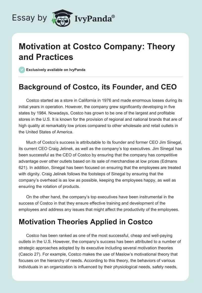 Motivation at Costco Company Theory and Practices 894 Words Research Paper Example