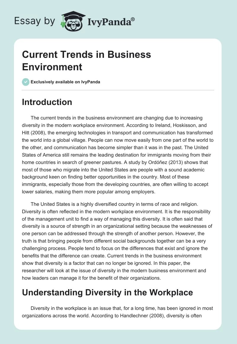 Current Trends in Business Environment 2778 Words Essay Example