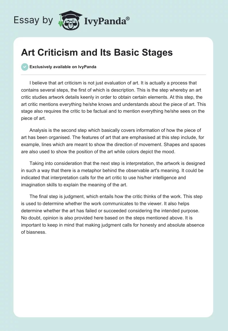 Art Criticism and Its Basic Stages 265 Words Essay Example