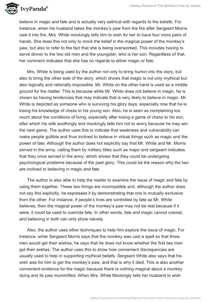 Literary Devices in "The Monkey's Paw" by Jacobs 1113 Words Essay