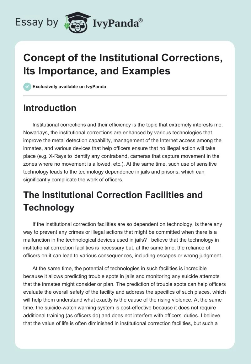 Concept of the Institutional Corrections, Its Importance, and Examples Essay Sample