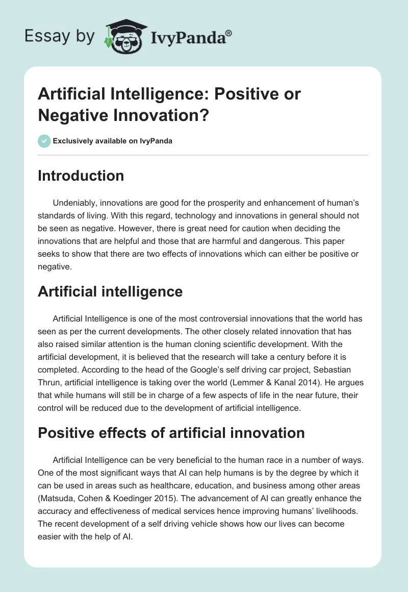 Artificial Intelligence Positive or Negative? 573 Words Essay Example