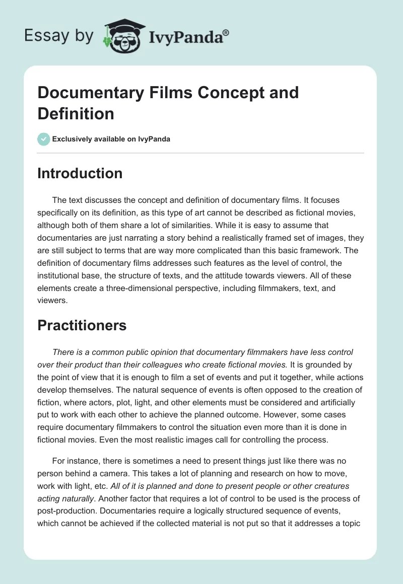 Documentary Films Concept and Definition 1356 Words Essay Example