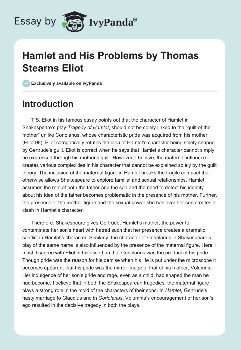 "Hamlet and His Problems" by Thomas Stearns Eliot 2774 Words Essay